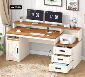 65'' Home Office Desk with Power Outlets, Storage Cabinet and Printer Stand, Study Writing Desks with Long Monitor Stand, Brown and White