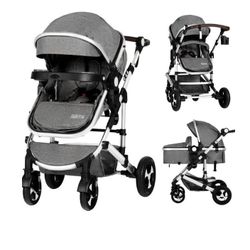 2 in 1 Convertible Baby Stroller, Folding High Landscape Infant Carriage, Newborn Reversible Bassinet Pram, Adjustable Canopy, Diaper Bag, Anti-Shock 