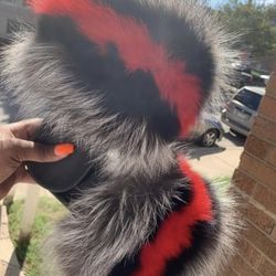Grey Black And Red Real Fur Slides Size 8,8.5,9,10 Message Size You Need  