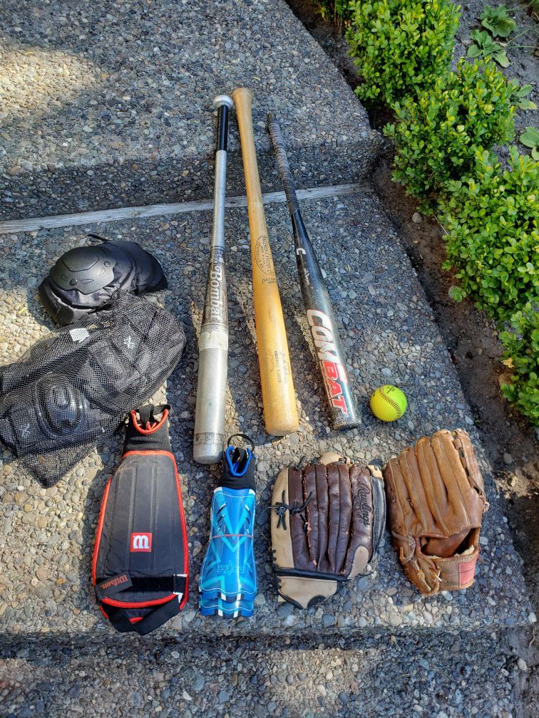 Baseball bats, gloves, safety gear