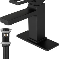  Bathroom Faucet Matte Black Brass Single Hole Single Handle Modern Lavatory Commercial Bath Vanity Tap with Pop Up Drain with Overflow Deck Mount Bas