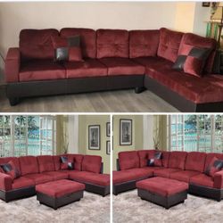 Red Microfiber Sectional Couch And Ottoman 