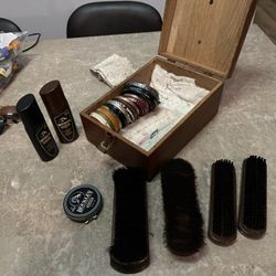 Antique Shoe Shine Box Plus Brushed And Supplies 