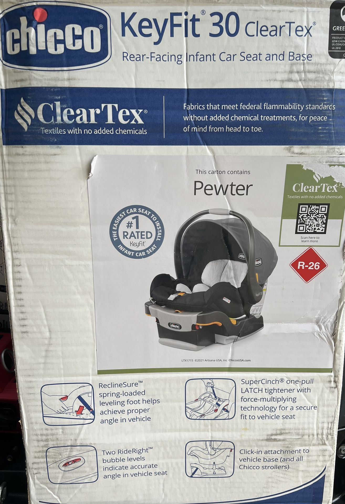 Chicco KeyFit 30 ClearTex 30 lbs Infant Car Seat with base - Pewter (Grey) *New in box*