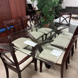 Glass Dining Table With 8 Chairs - 84”  x 48” 