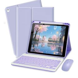 Keyboard Case for iPad 9.7 (6th Gen 2018 / 5th Gen 2017) / Pro 9.7 inch (2016) - 7 Colors Backlit Keyboard Cover and Mouse (Light Purple)