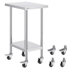 Stainless Steel Work Table 24 x 18 x 38 Inch, with 4 Wheels, 3 Adjustable Height Levels, Heavy Duty Food Prep Worktable