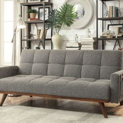 Brand New Gray Mid-Century Modern Futon Sofa Converts Into Bed 