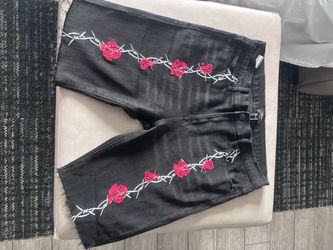 Denim Forever 21 Mens 33 Black Shorts Embroidered Roses Barbed Wire Y2K Grunge