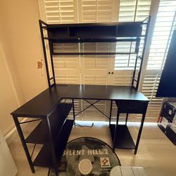 L-Shaped Gaming Office Computer Desk Black with Built-in Plug-In Strip