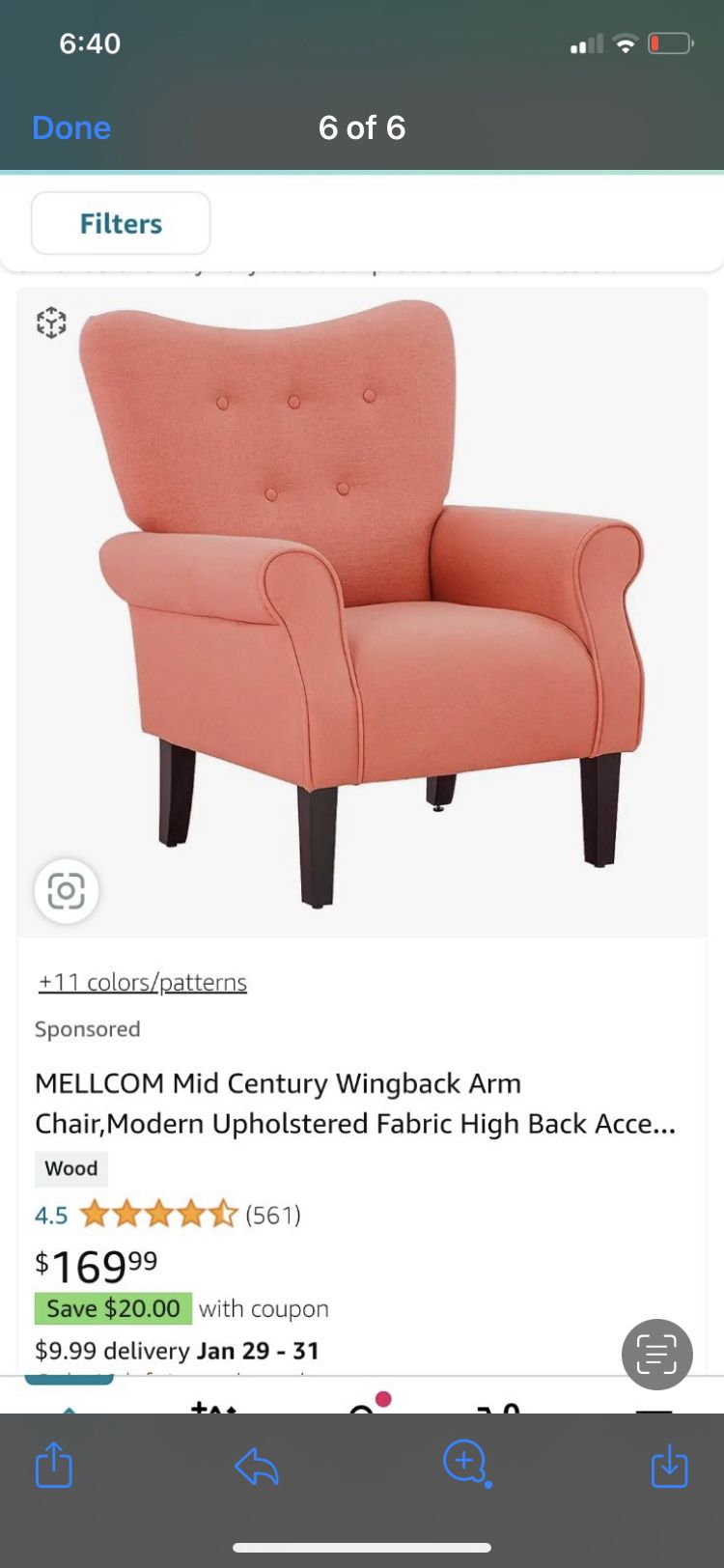 Mellcom Mid Century Wingback Arm Chair 