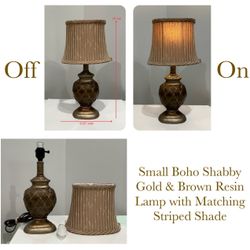 Small Boho Shabby Gold & Brown Resin Lamp with Matching Striped Shade