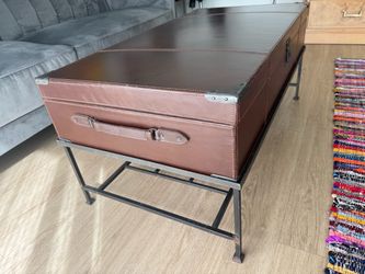 Pottery Barn Leather (wood interior) trunk Coffee Table 20” x 40” x 18”H (8” H trunk + 10”H base)