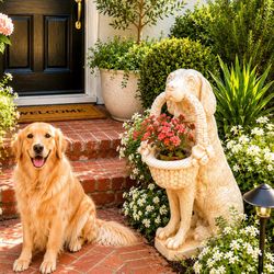Vintage Al’s Garden Art Concrete Dog Basket Golden Retriever Heavy Planter Drainage 33” Tall Sculpture Statue Entryway Decor Puppy Adorable 