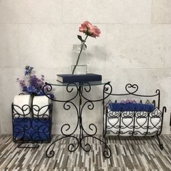 Three Fabulous Wrought Iron Items ... Small Table, Magazine Rack And Toilet Paper Holder With Storage ... Check Out My Other Offers Too