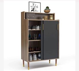 Shoe Cabinet, 4-tier Freestanding Shoe Rack Storage Organizer Sliding Doors & Wood