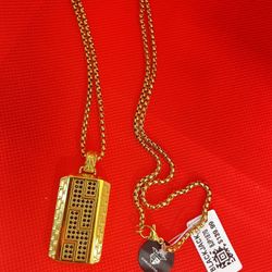 Buddys Gold Stainless Steel Greek Key Black CZ Dog Tag Pendant Necklace With 24" Round Box Chain