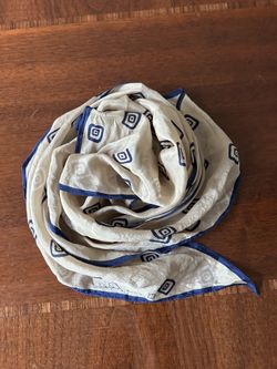 Scarf 8” x 58” cream and blue multicolored geometric pattern silk