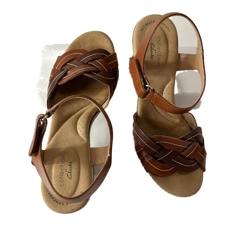 Clarks Size 7W Dark Tan Leather Giselle Coast Wedge Sandal