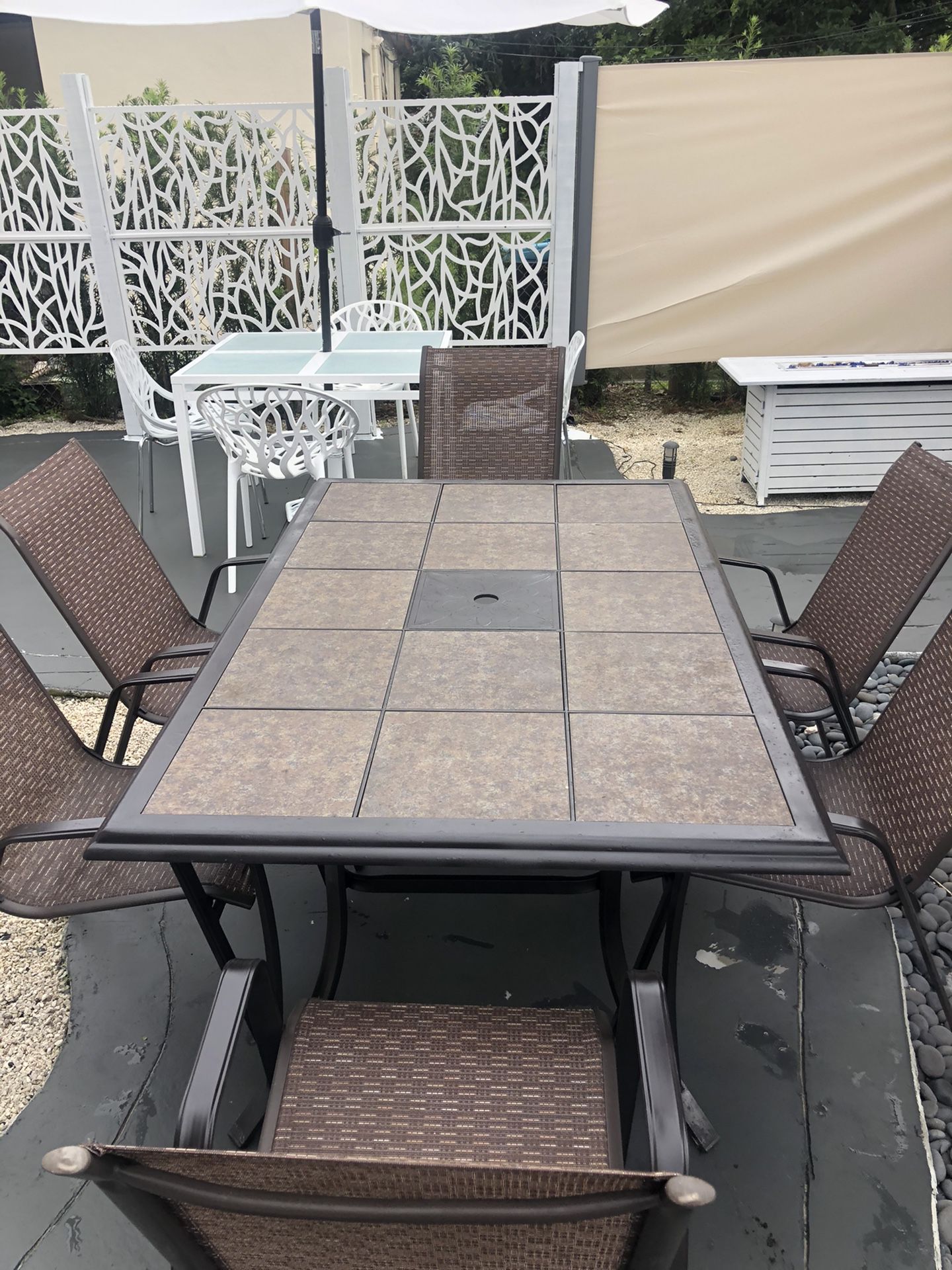 Outdoor Patio Aluminum Table With Umbrella Hole and 6 Aluminum Stackable Brown Chairs