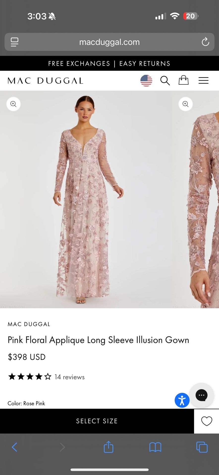 Mac Duggal Pink Floral Applique Long Sleeve Illusion Gown