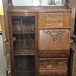 Antique Tiger Oak Curved Glass Secretary Desk

