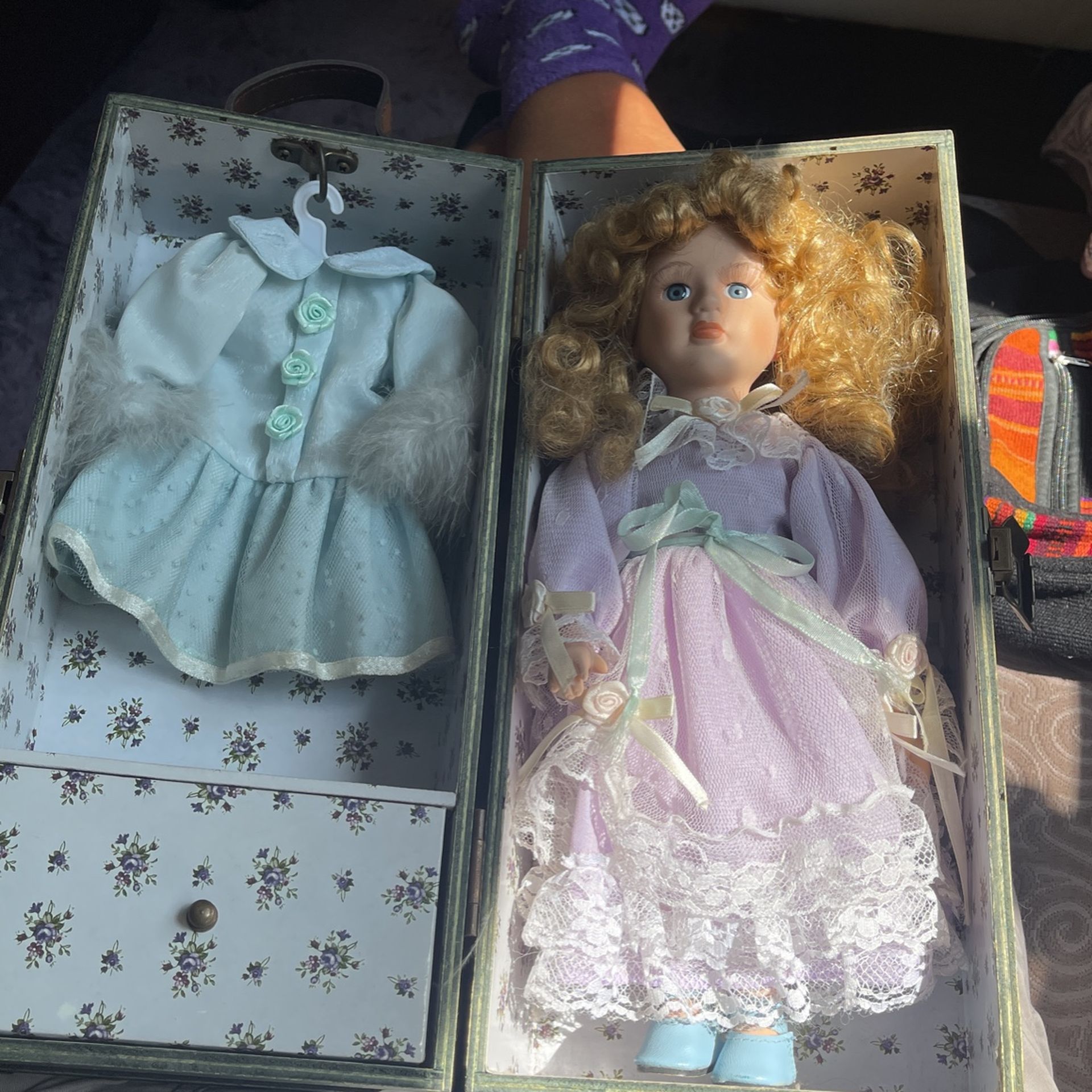 Porcelain Doll W/Change Of Clothing In Wood Box W/Drawer