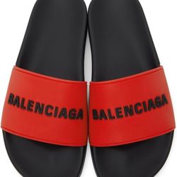 Brand New Balenciaga Red & Black Logo Pool Slides Sz 12