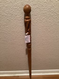 African Hand-Carved Walking Cane/Stick w/Elephant Detail