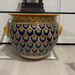 Made In Italy.  Italian ARTIST SIGNED Big Ceramic Pottery Planter Pot Table.  2 Men’s Faces & Peacock Motif. Chip on glass & nose.  Gorgeous!