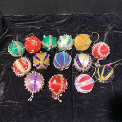 Lot Of 14 VTG Hand Crafted Push Pin Sequin Beaded On Satin Fabric Holiday Ornaments