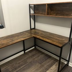 L Shaped Corner Desk with Shelves Rustic Wood & Metal Frame