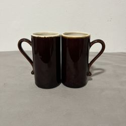 Vtg Espresso, Brown Ceramic Tall Coffee Mugs Set of 2 Retro Stoneware Cups