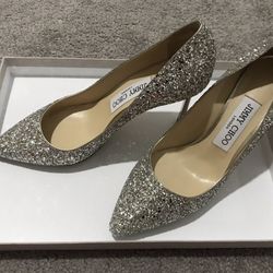 Jimmy Choo Romy 85 Champagne Coarse Glitter Fabric Pointy Toe Pumps - Size 6