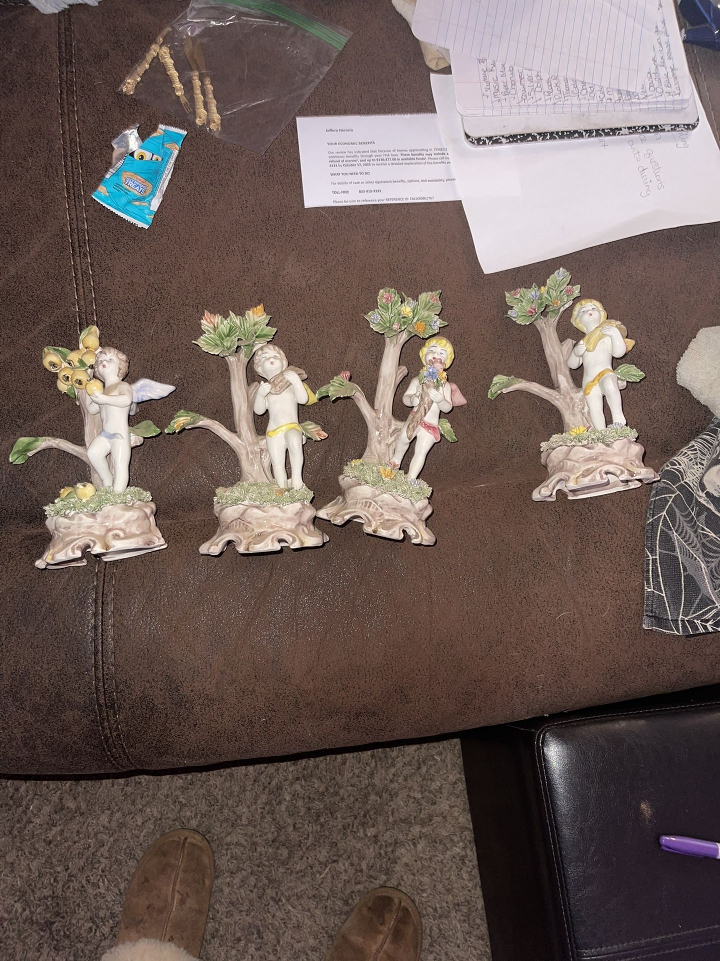 Capodimonte Cherub Angel Figurine w/ Flowers & Tree Italy 9” Tall Set Of 4