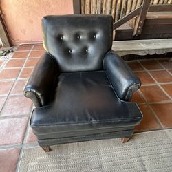 Vintage 1950s Black Lounge Tufted Chair Library Faux Leather Sweet!