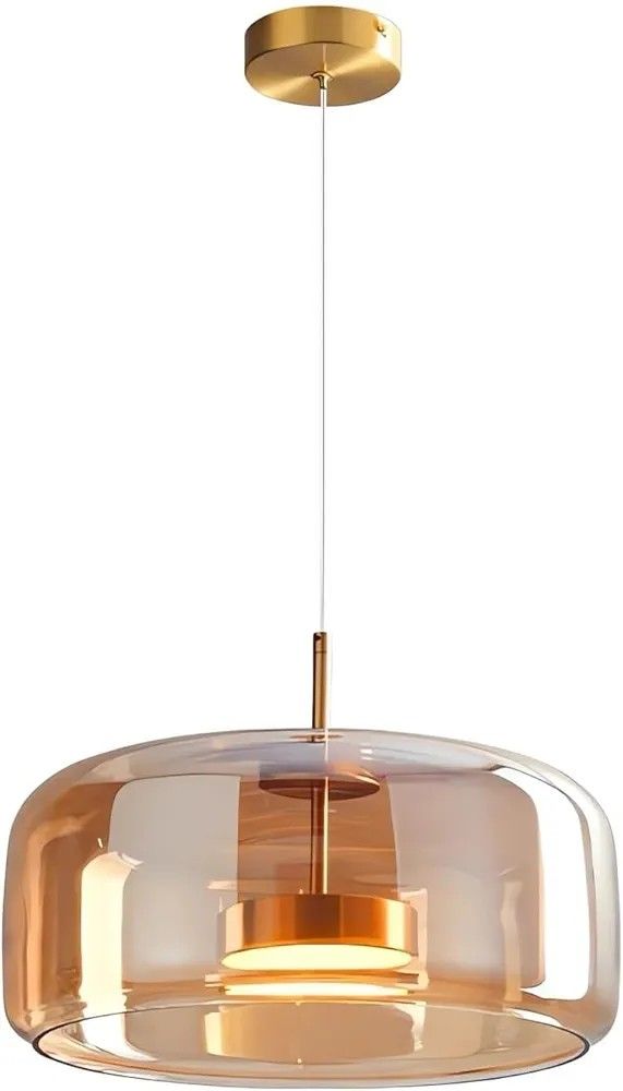 Amber Glass Chandelier Round Pendant Light for Kitchen Island Modern Amber Glass Lampshade with Hanging Lights for Dining Room Living Room Bedroom Cof
