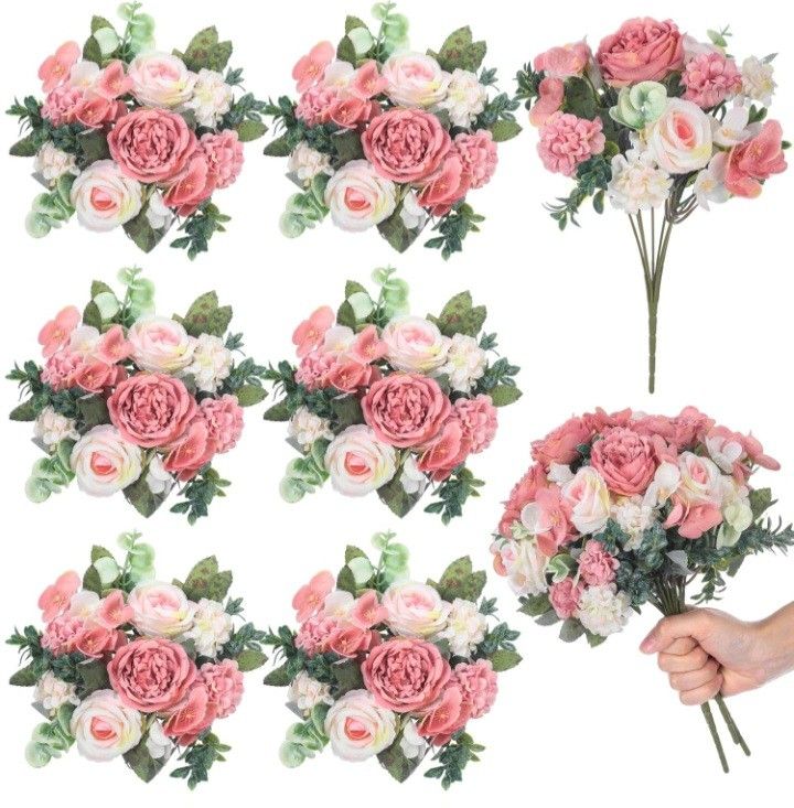 6 Pcs Artificial Peony Silk Florals Fake Mix Silk Peony Rose Faux Flower Hydrangea Bouquet Elegant Realistic Wedding Floral Centerpiece for Home Party