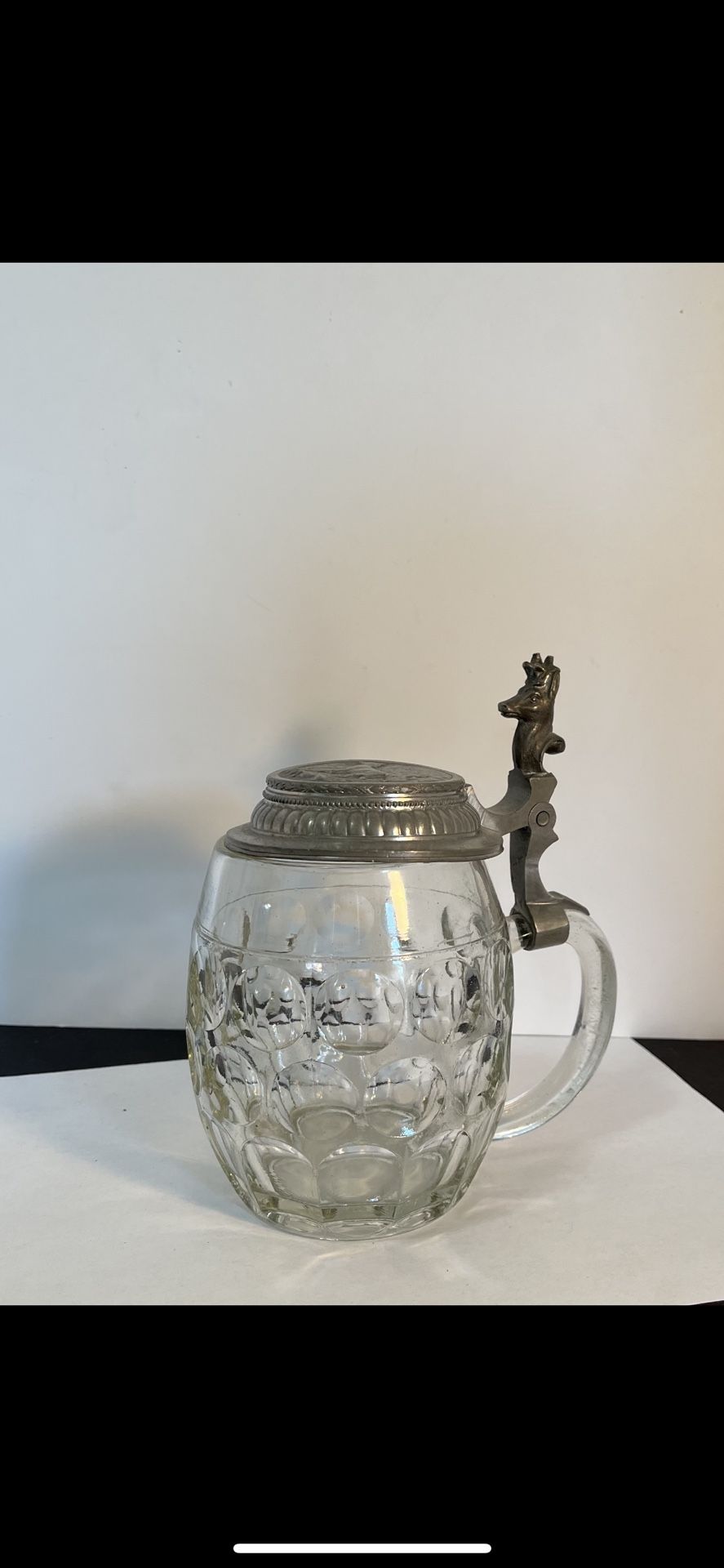 Vintage Thumbprint Glass & Pewter Stein with Stag Handle