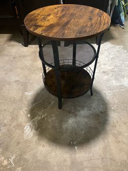 Industrial Round End Table with Storage Shelves