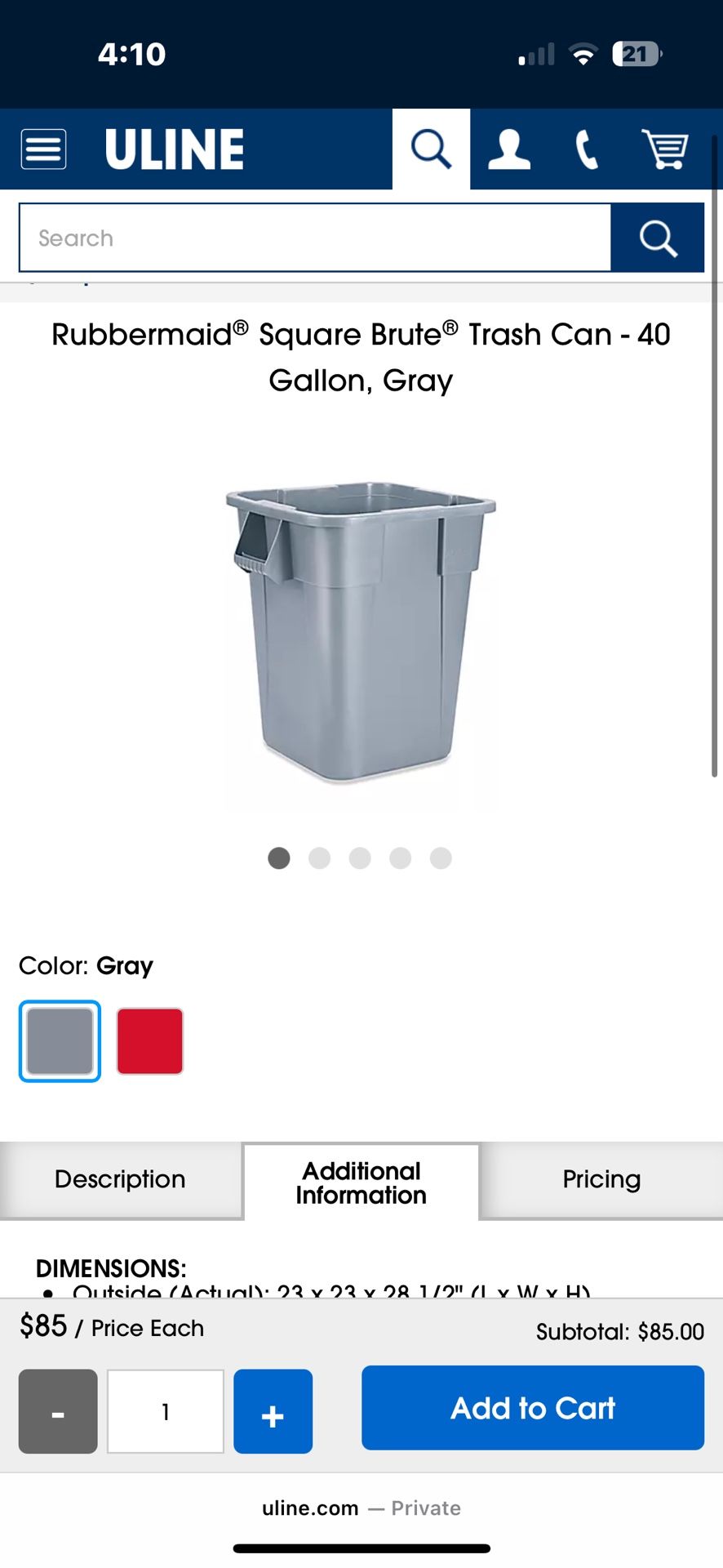 Uline Square Brute 40 Gallon Trash Can with Square Brute Dolly