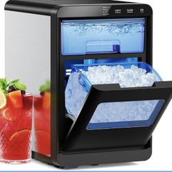 Nugget Ice Maker, 44.1Lbs/24H Ice Makers Countertop Crushed & Pebble Ice Machine with Handle, Auto-Cleaning Pellet Ice Machine with Basket and Scoop f