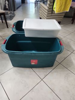 Teal Plastic Storage Tubs with Red Handles