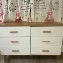 6 Drawer Dresser Natural Wood and White Mid century modern