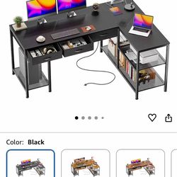 Office Desk with Power Outlets and Type-C Port, Large Computer Gaming Desk with 3 Fabric Drawers, Mesh Shelves, Corner Study Work Writing Desk, Black