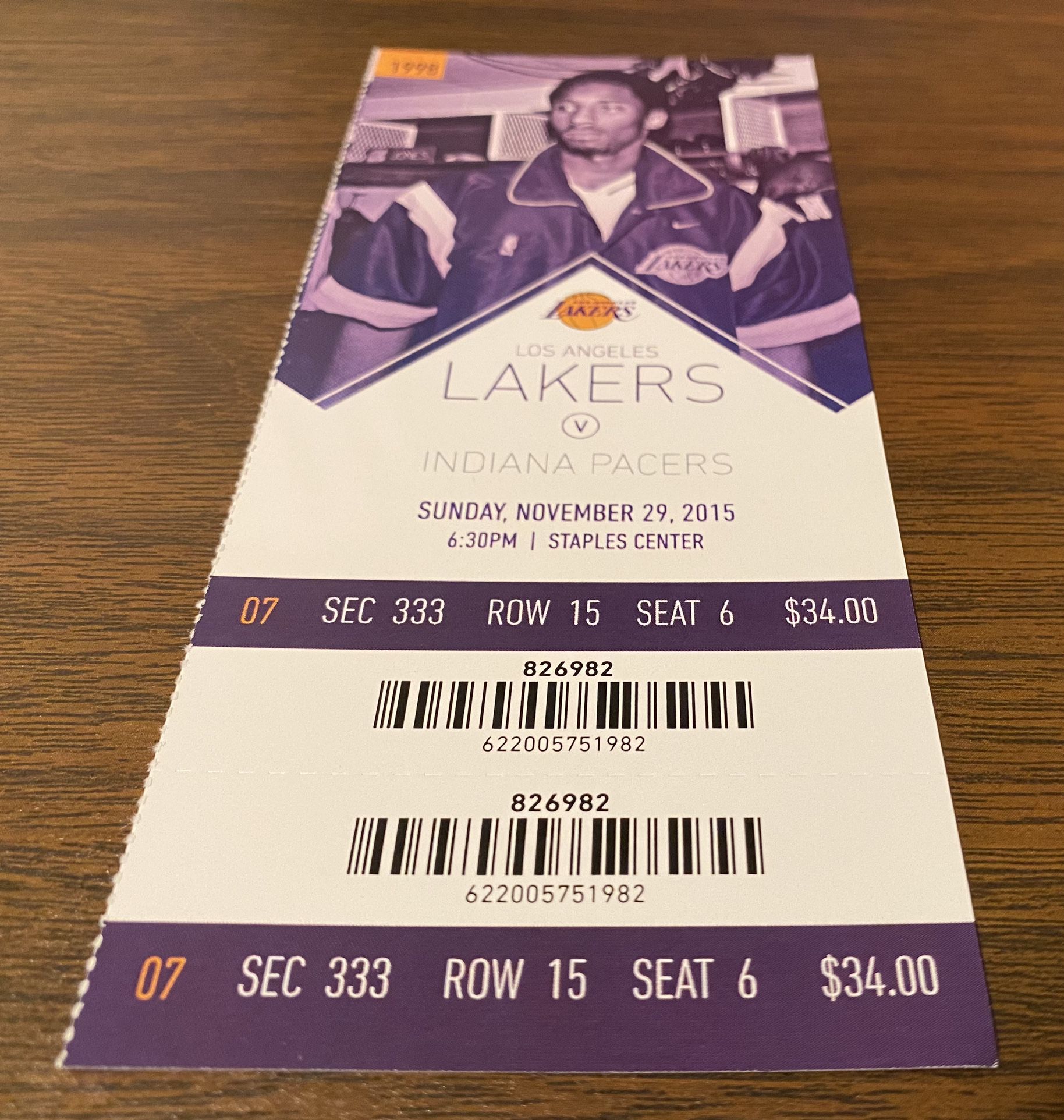 KOBE BRYANT ANNOUNCES RETIREMENT 2015 NBA AUTHENTIC FULL GAME TICKET 11/29/2015 LOS ANGELES LAKERS vs INDIANA PACERS “BLACK MAMBA”