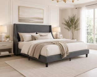 Queen Bed Frame with Upholstered Wingback Headboard, Heavy-Duty Platform Bedframe with Charging Station, Wooden Slats, No Box Spring Needed, Grey