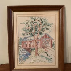 Vintage Framed Stitch work Needlepoint Covered Bridge Decor 16” x 13”