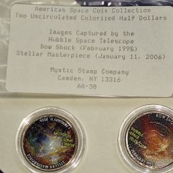 "American Space Coin Collection" sold by Mystic Stamp Company. Two Colorized Kennedy Half Dollar coins featuring space imagery.
Image Focus: One coin 