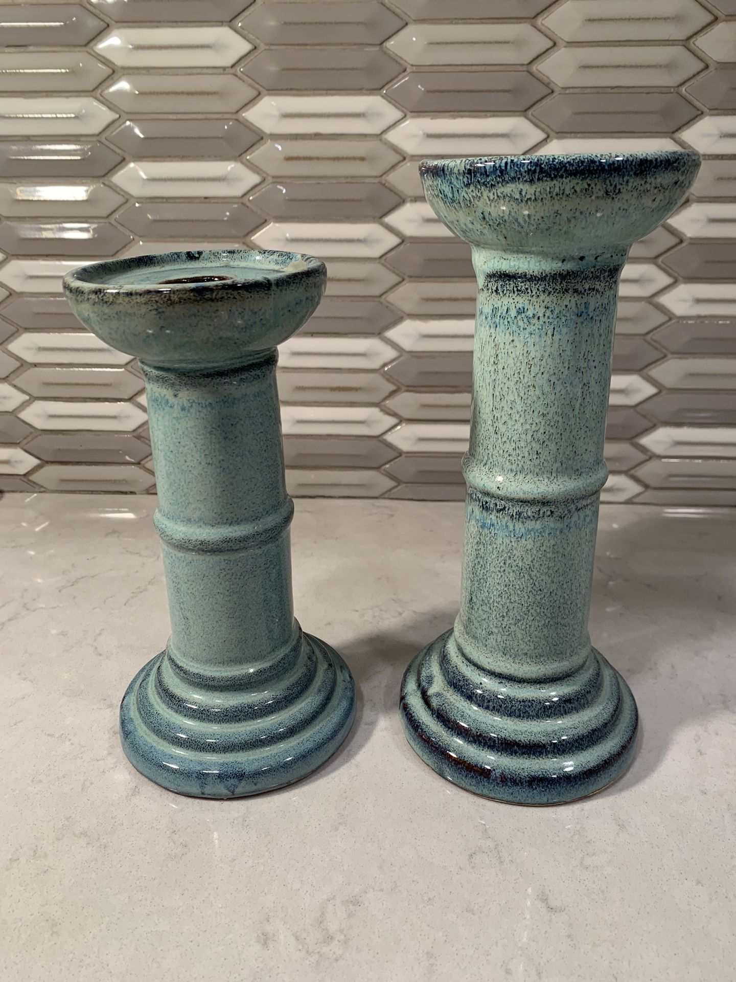 Pillar Candle Holders Pedestal Light Turquoise Blue Candleholder Pair Handmade